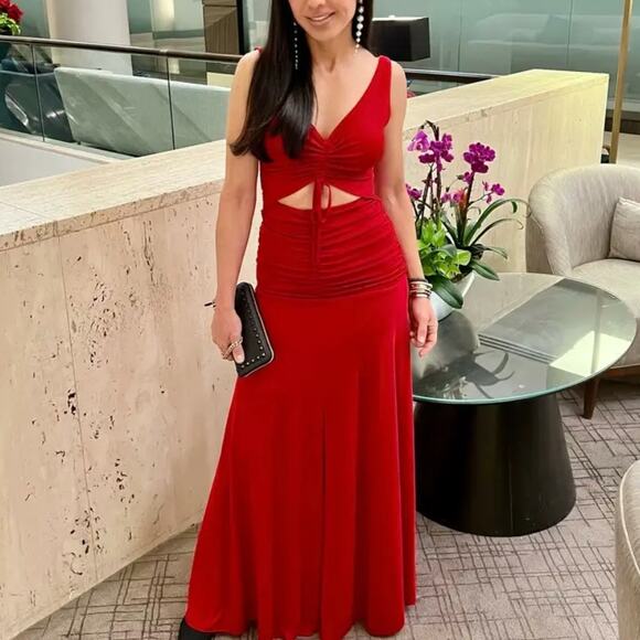 Zac Posen Red Cutout Waist Maxi Dress Size 10 Jersey Ruched Gown Designer $550 - Picture 5 of 11